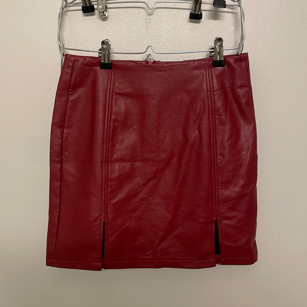 Maroon/Crimson Faux Leather Skirt with Slits